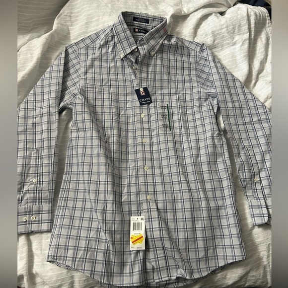 Chaps Mens Dress Shirt Oxford Gray Plaid Wrinkle Free Causal Size 15 32/33 - Picture 1 of 4